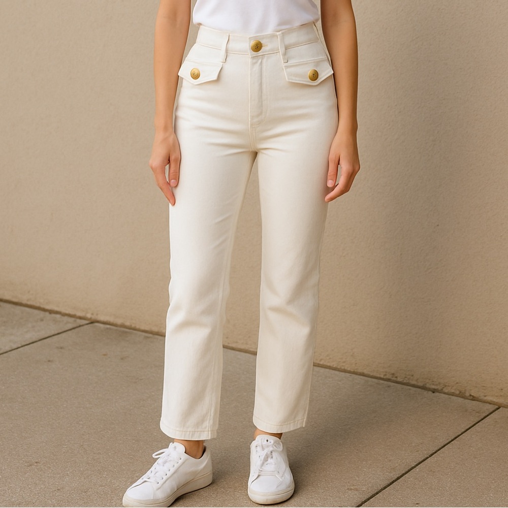 🆕 Maison Dnado Paris White High-Waisted Jeans with Gold Buttons, Size XXL / 44